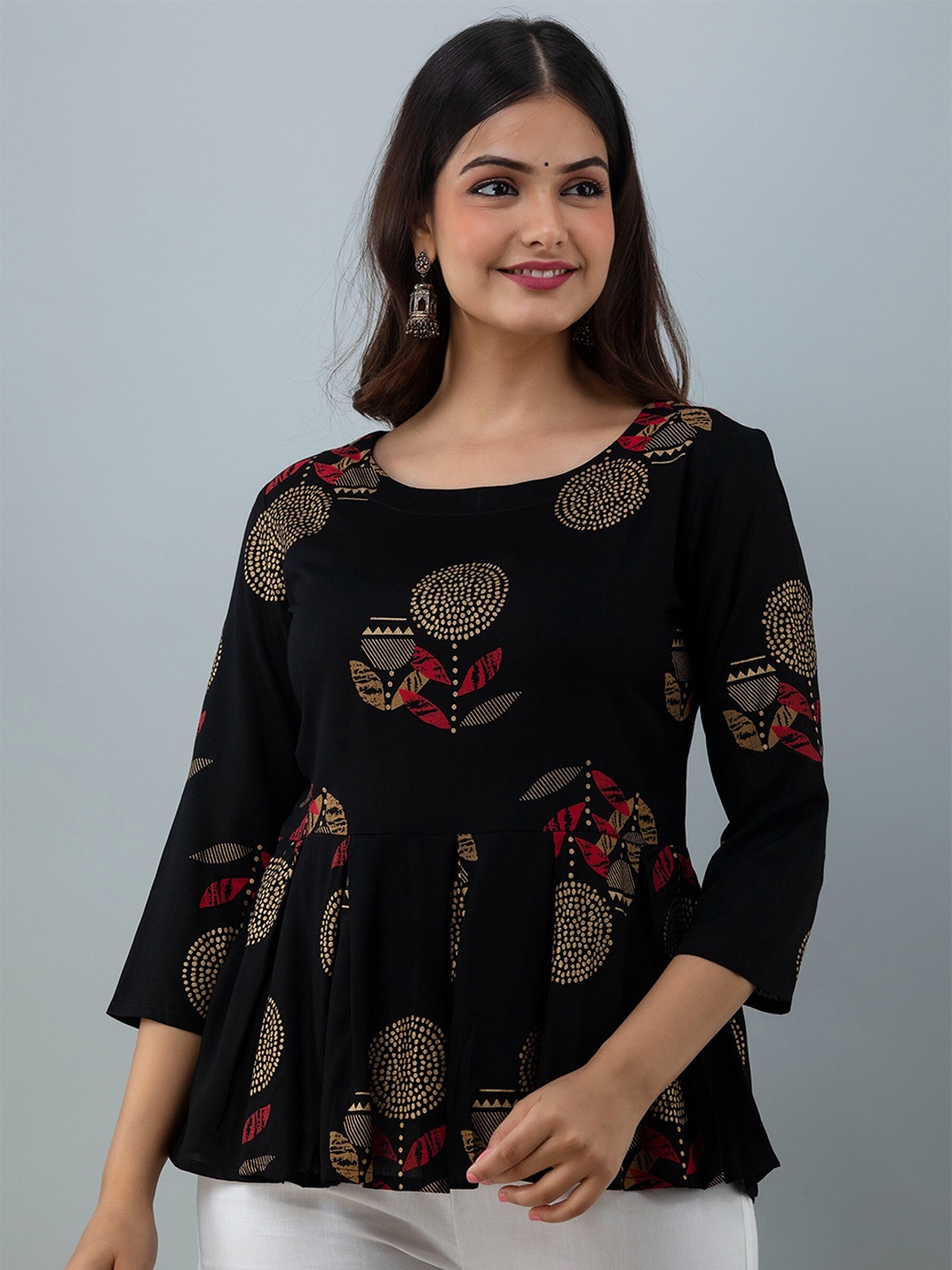 

Women Touch Black Floral Printed Peplum Top
