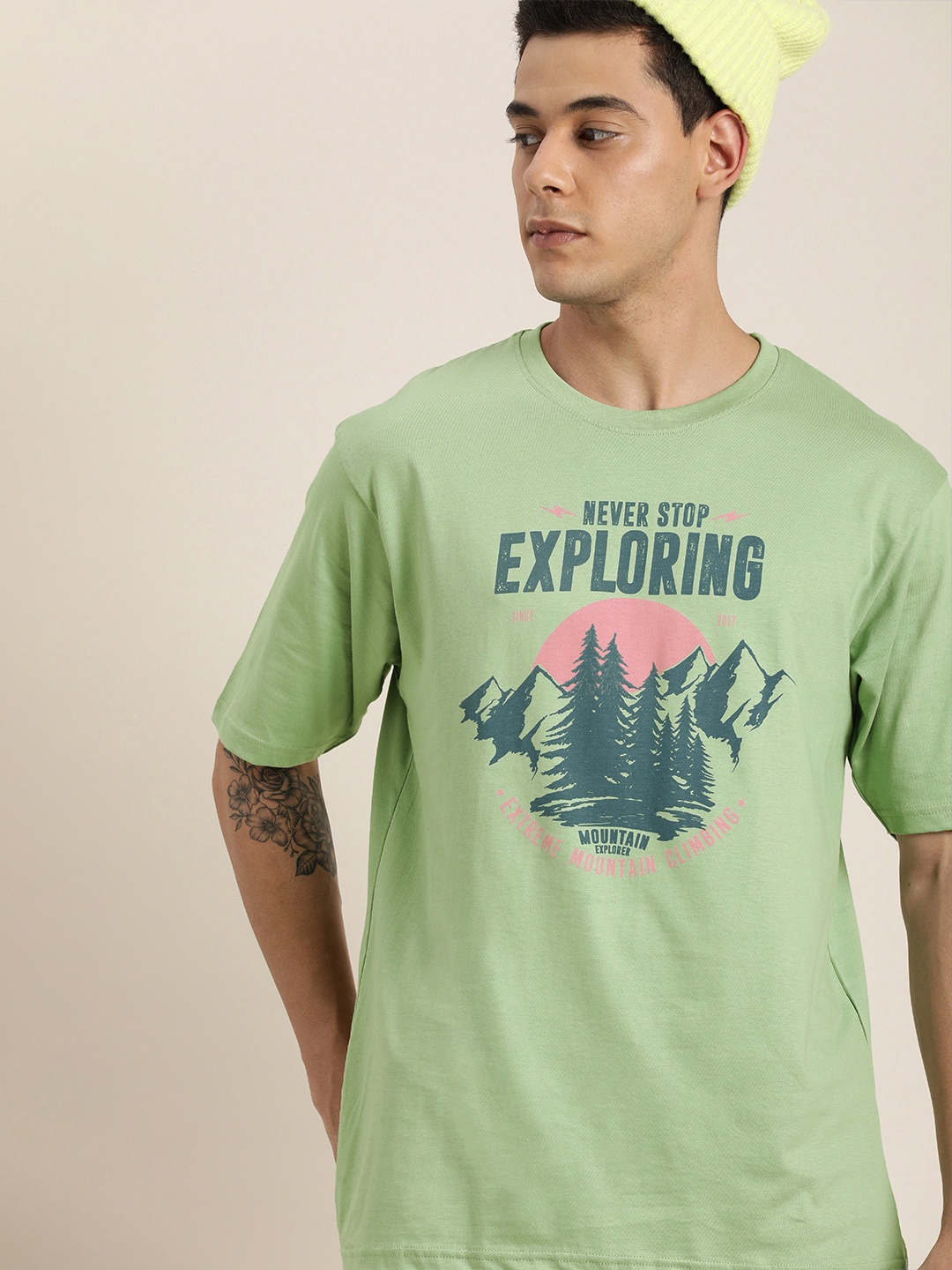 

DILLINGER Men Green Printed Pure Cotton Loose Oversized T-shirt