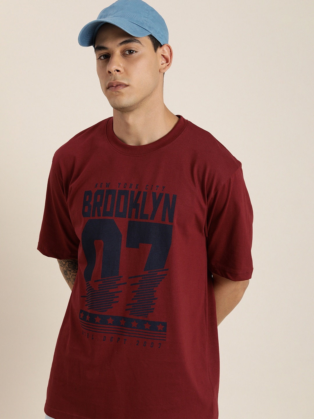 

DILLINGER Men Maroon Varsity Printed Pure Cotton Loose Oversized T-shirt