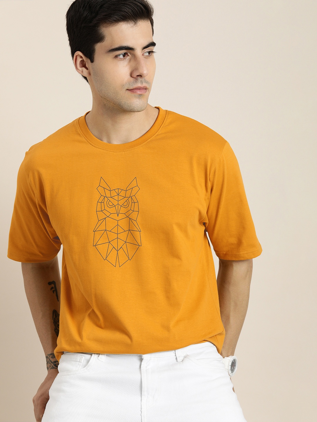 

DILLINGER Men Mustard Yellow Printed Pure Cotton OversizedOversized T-shirt