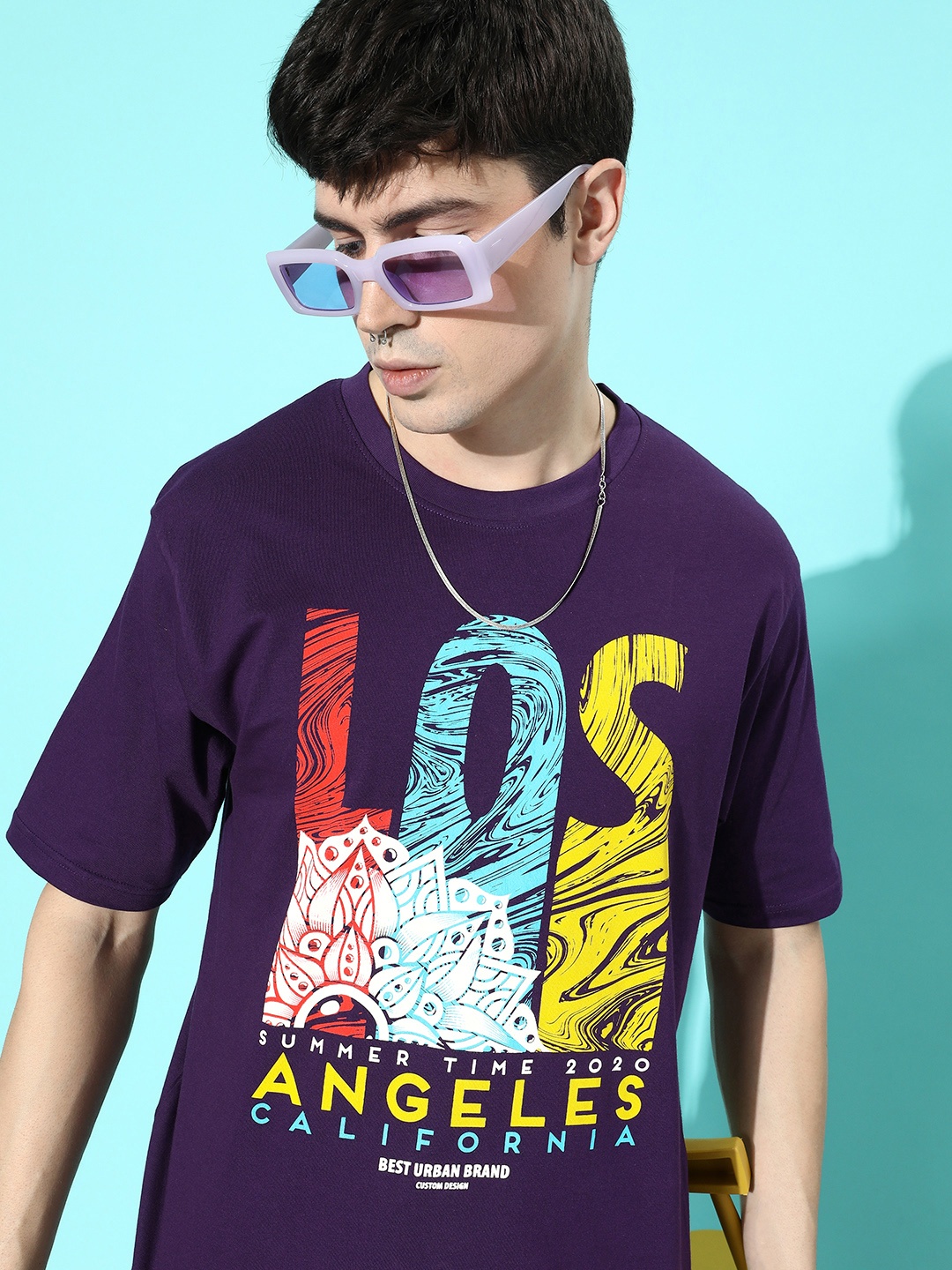 

DILLINGER Men Purple Printed Pure Cotton Loose Oversized T-shirt