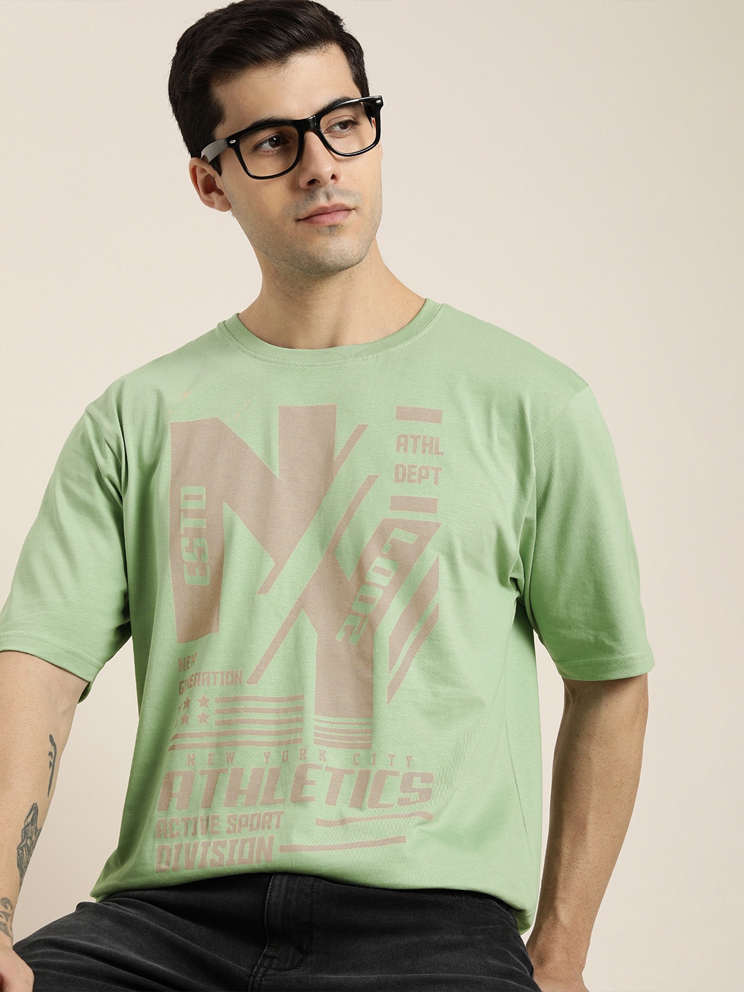 

DILLINGER Men Green Typography Printed Pure Cotton Loose Oversized T-shirt