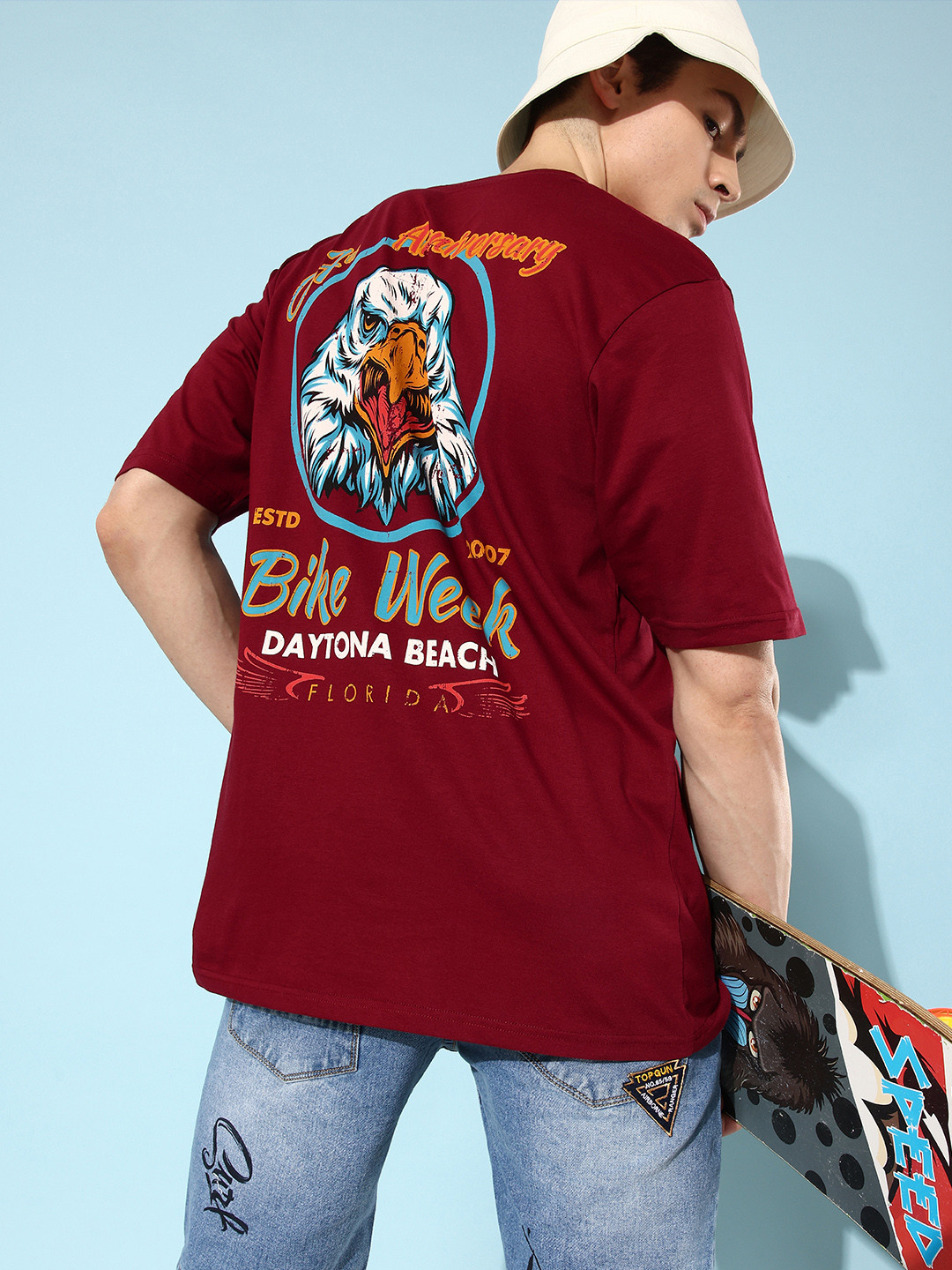 

DILLINGER Men Maroon Biker Printed Pure Cotton Loose Oversized T-shirt