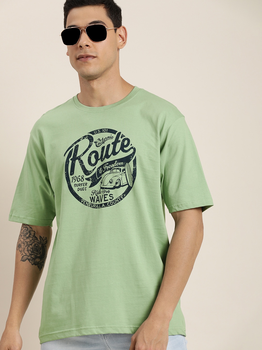 

DILLINGER Men Sage Green Printed Pure Cotton Loose Oversized T-shirt
