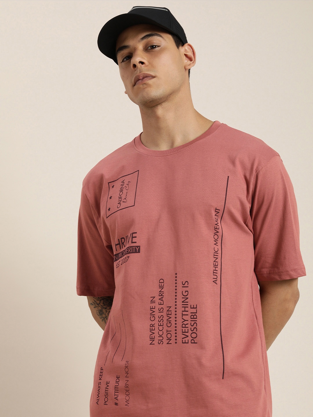 

DILLINGER Men Dusty Pink Typography Printed Pure Cotton Loose Oversized T-shirt