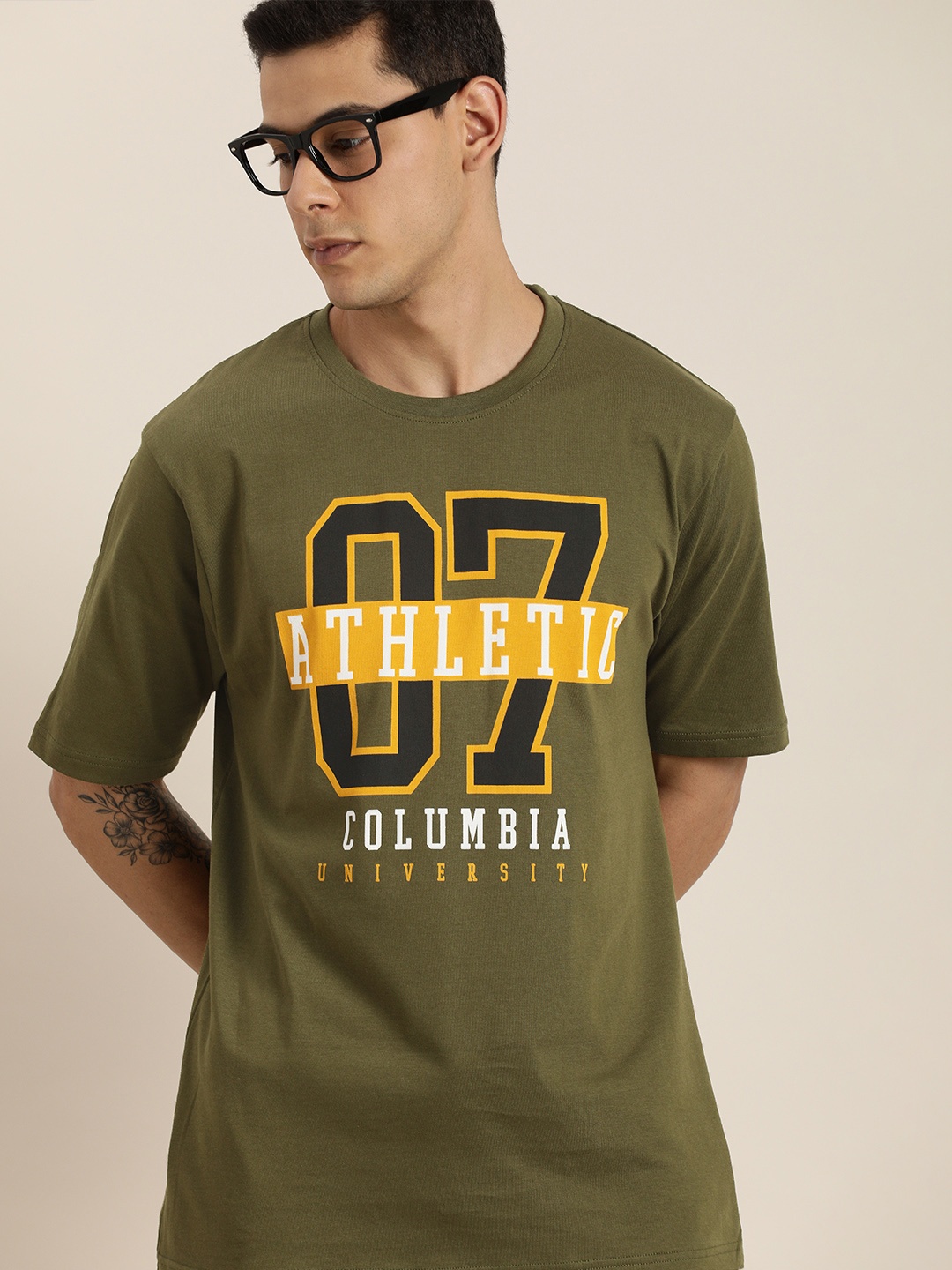 

DILLINGER Men Olive Green Varsity Printed Pure Cotton Loose Oversized T-shirt