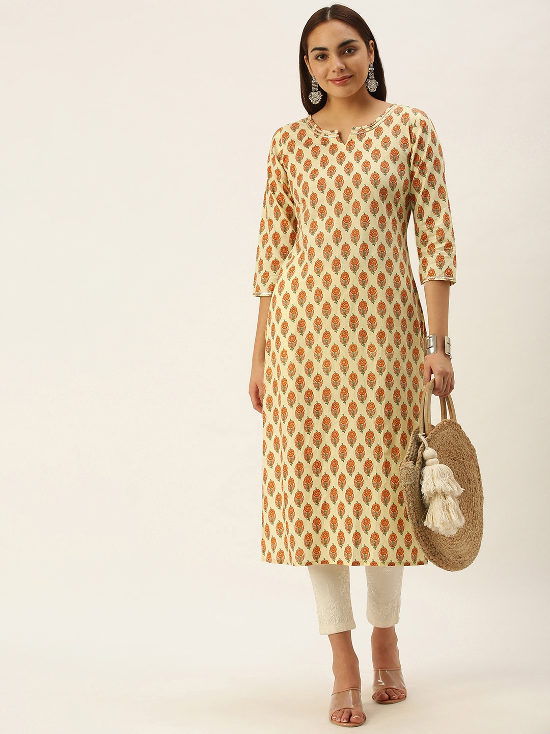 

Saanjh Women Cream-Coloured & Mustard Yellow Ethnic Motifs Cotton Straight Kurta