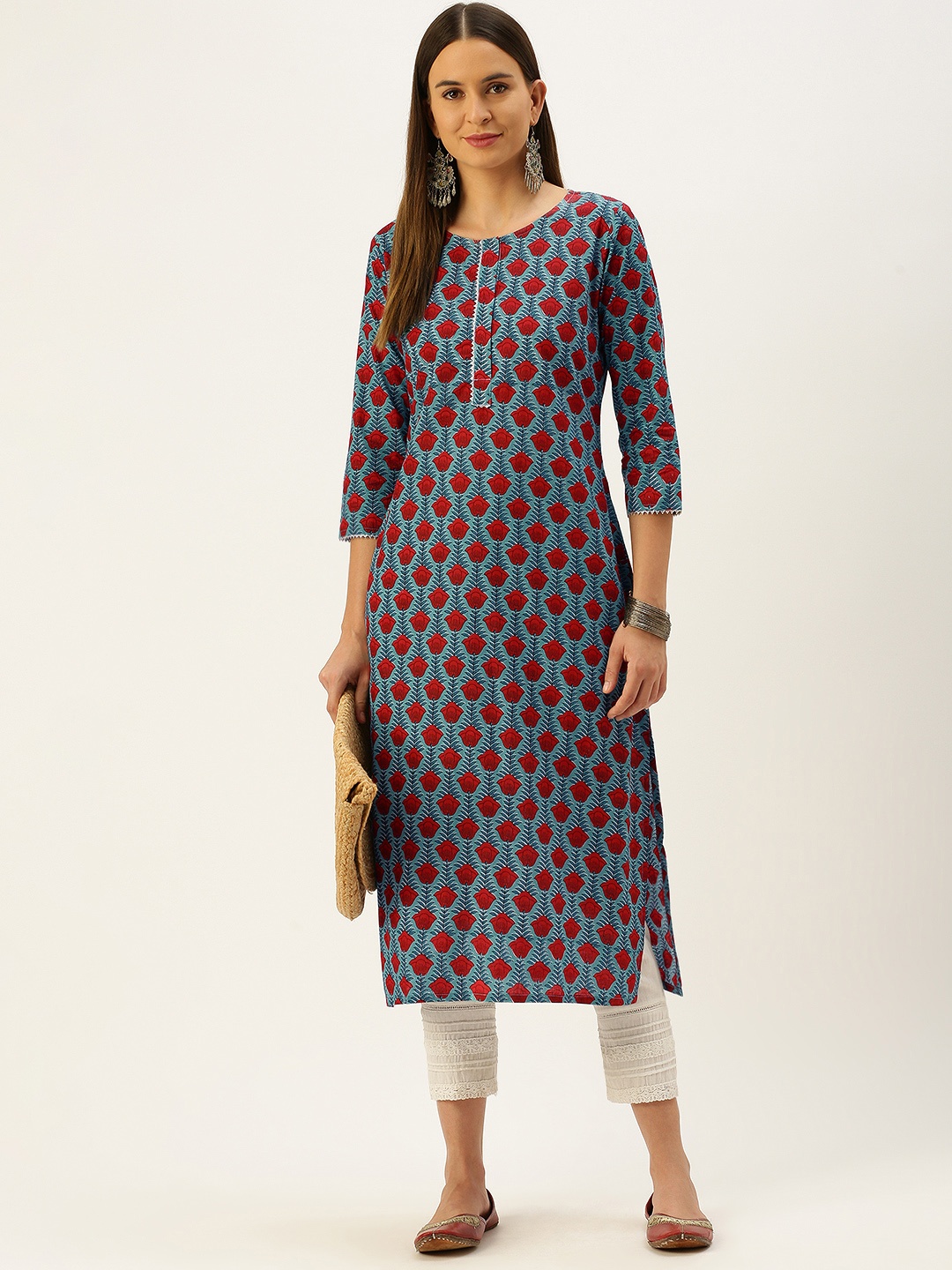 

Saanjh Women Green & Red Ethnic Motifs Printed Cotton Straight Kurta