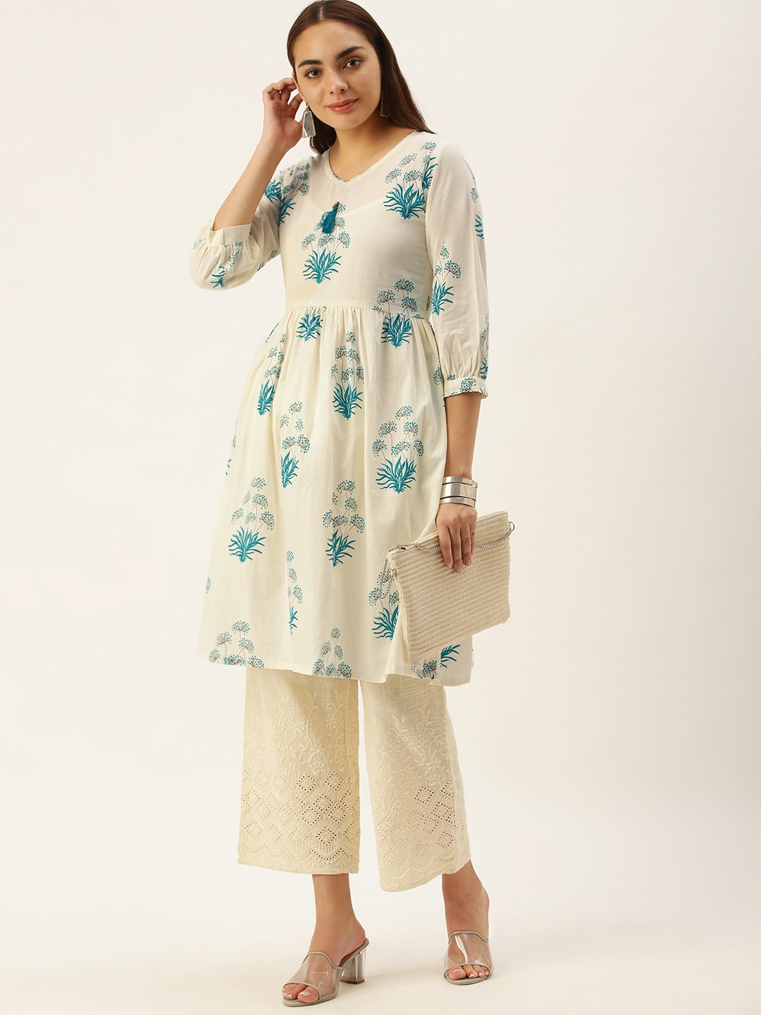 

Saanjh Women Off-White & Blue Ethnic Motifs Printed Cotton A-Line Kurta