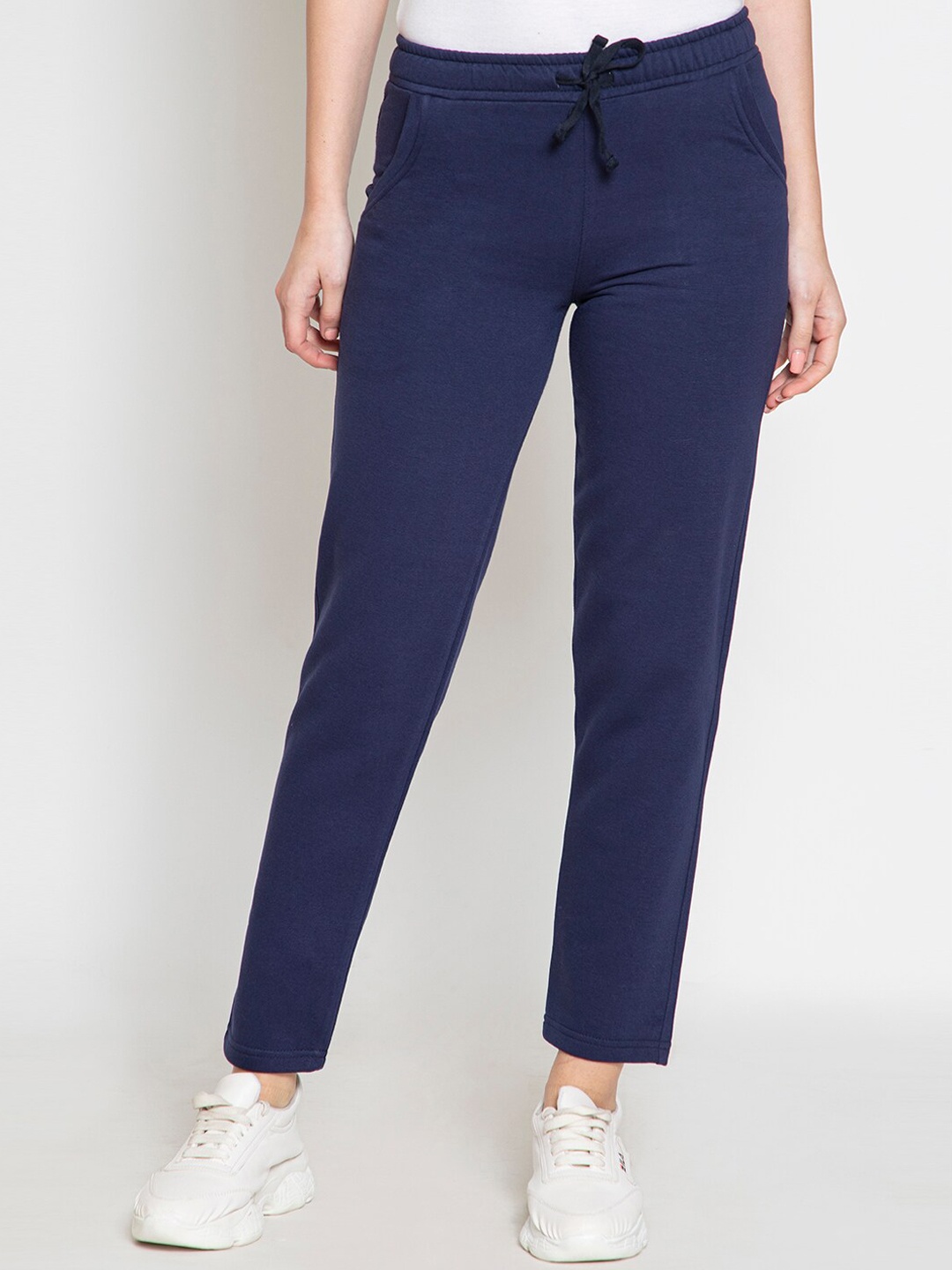

FEMEA Women Navy Blue Solid Cotton Slim-Fit Track Pants