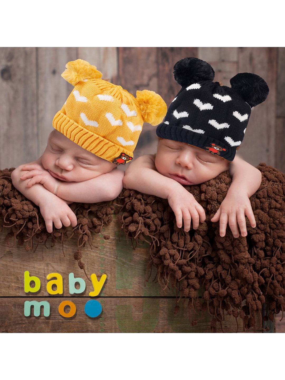 

Baby Moo Unisex Kids Black & Yellow Pack of 2 Printed Beanie