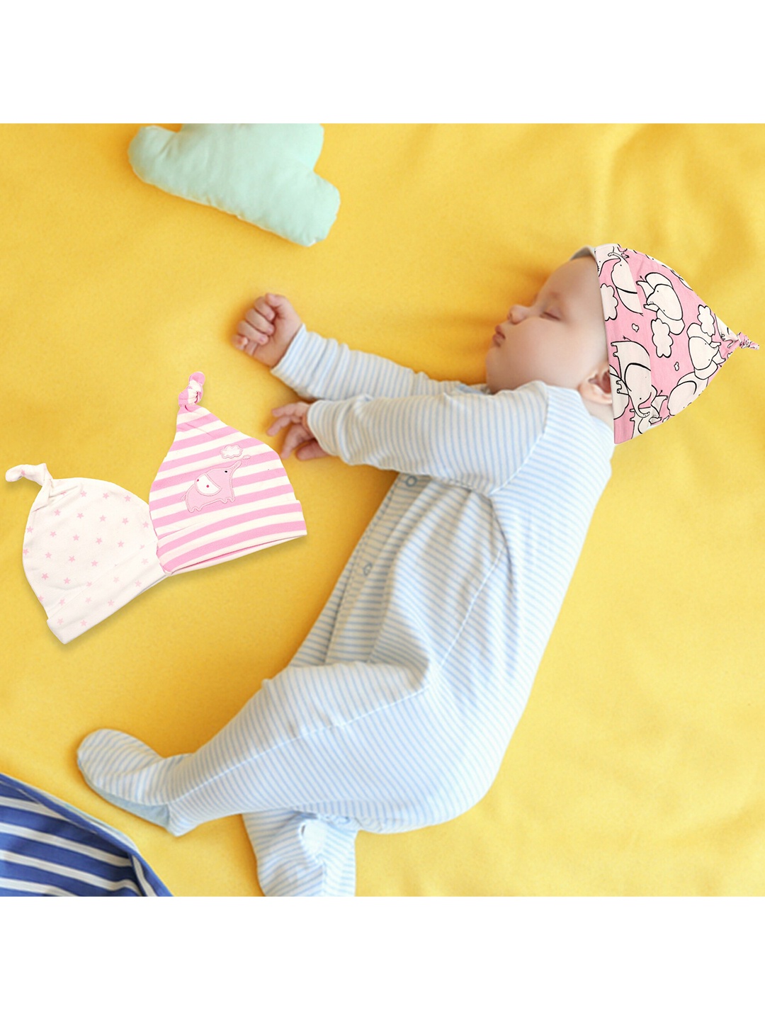 

Baby Moo Kids Pink & White Pack Of 3 Printed Beanie