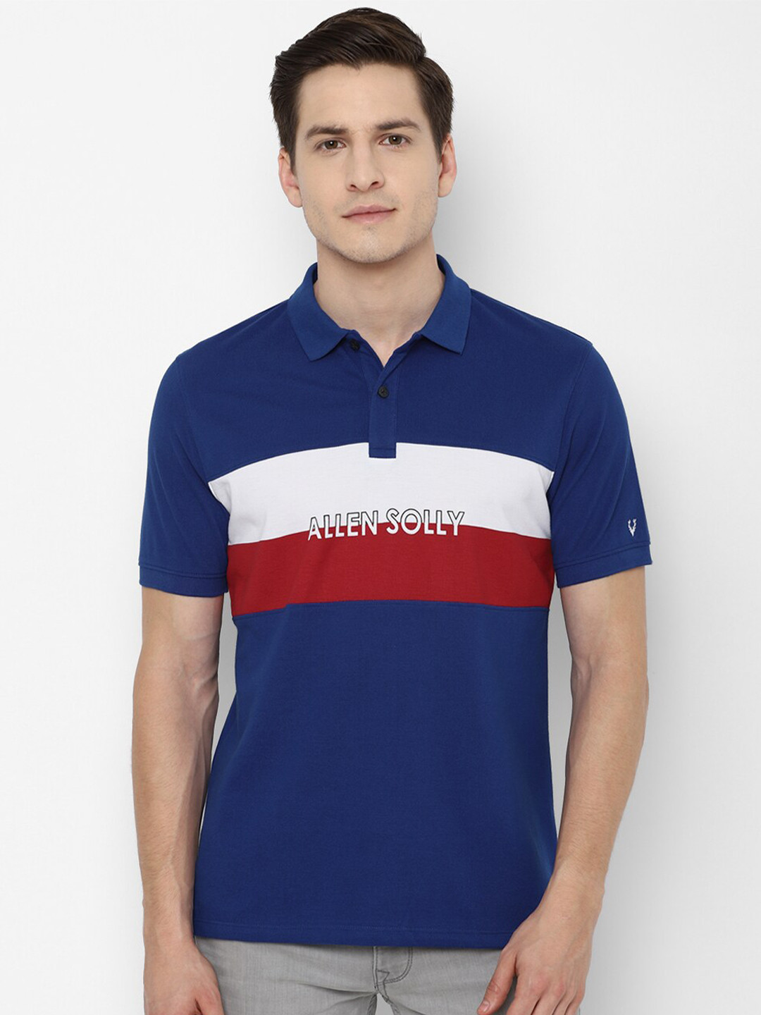 

Allen Solly Men Blue & White Typography Striped Polo Collar Pure Cotton T-shirt