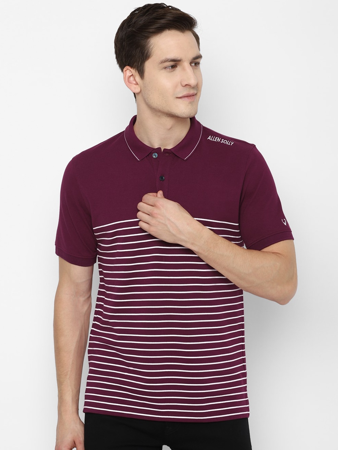 

Allen Solly Men Maroon & White Striped Polo Collar Pure Cotton T-shirt