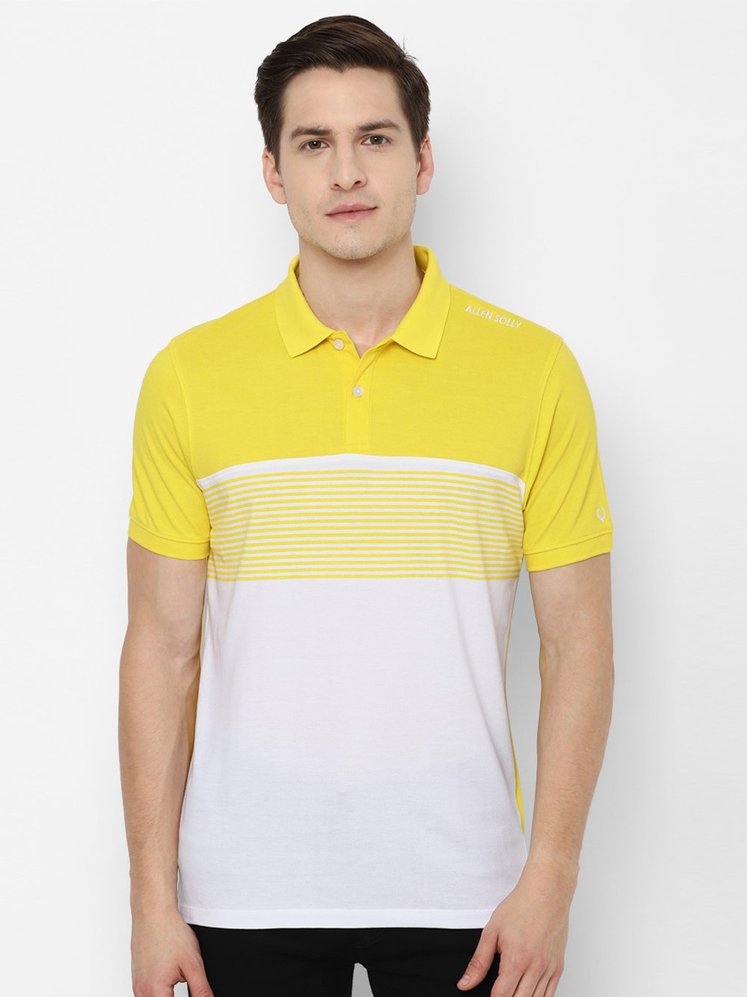 

Allen Solly Men White & Yellow Colourblocked Polo Collar T-shirt