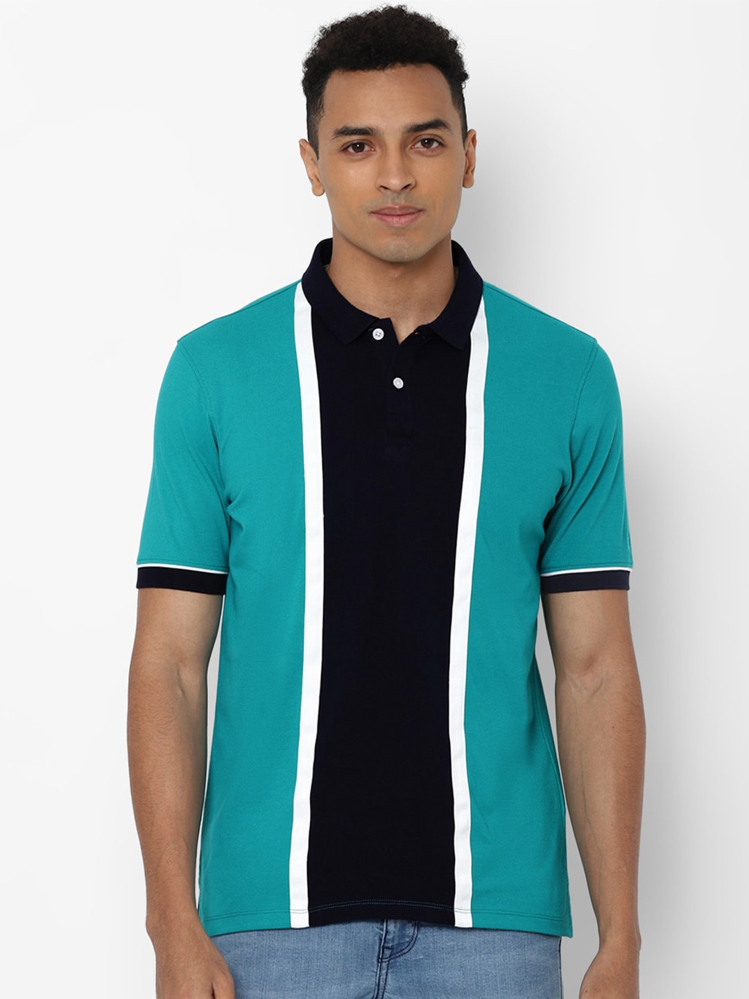 

Allen Solly Men Blue & Black Striped Polo Collar T-shirt