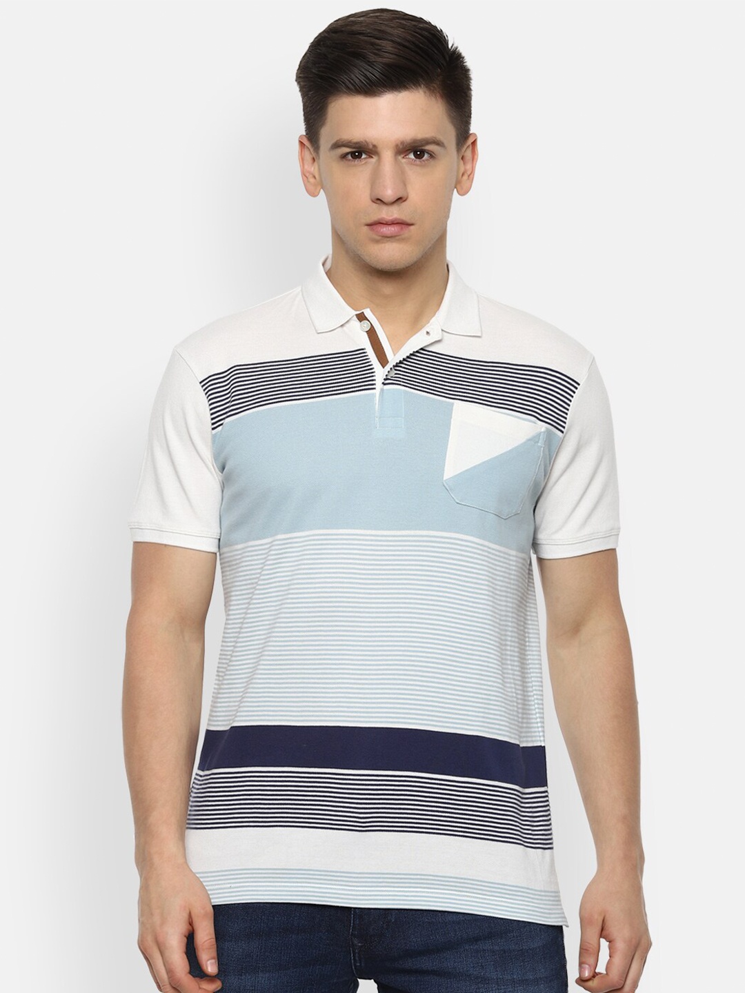 

Louis Philippe Jeans Men White & Blue Striped Polo Collar Slim Fit Cotton T-shirt