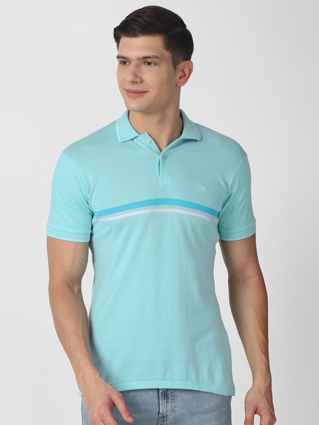

Peter England Casuals Men Blue & White Striped Polo Collar Slim Fit T-shirt