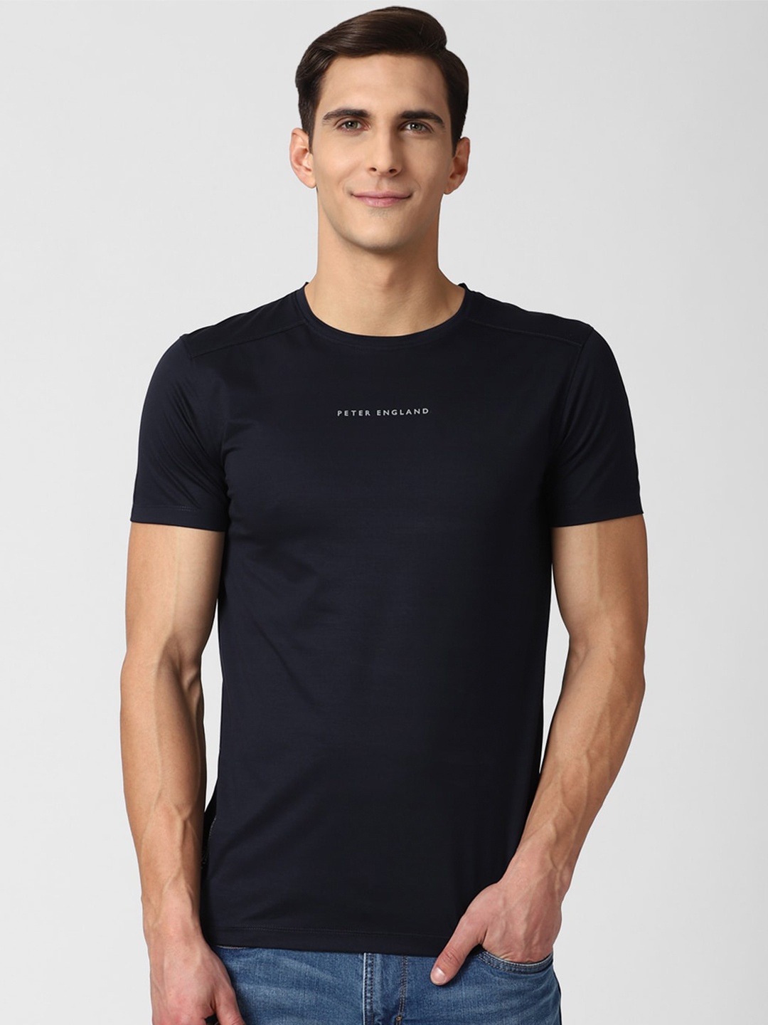 

Peter England Casuals Men Navy Blue Typography Printed Slim Fit T-shirt