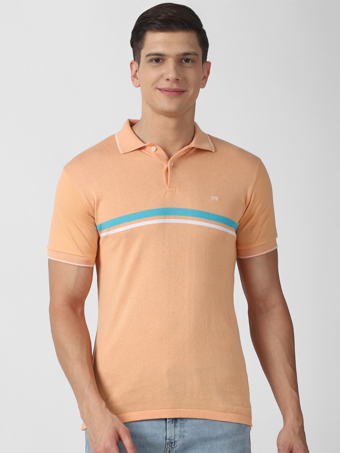 

Peter England Casuals Men Orange & Blue Striped Polo Collar Slim Fit T-shirt