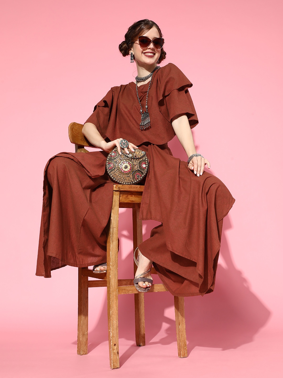 

InWeave Women Chic Brown Solid Top with Palazzos