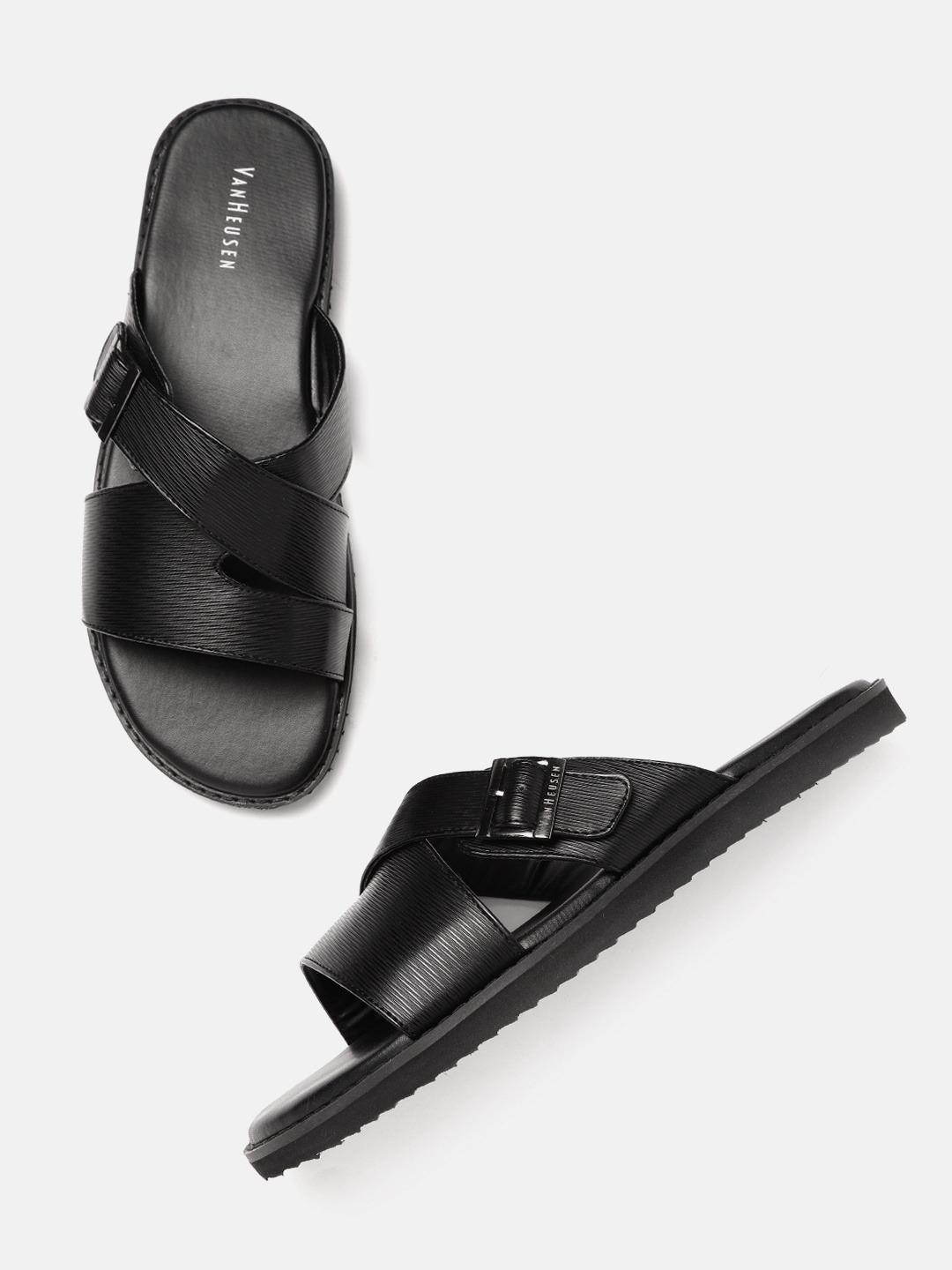 

Van Heusen Men Black Textured Comfort Sandals