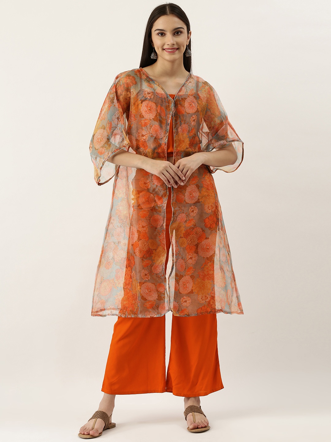 

InWeave Women Orange & Blue Solid Co-Ords with Floral Print Organza Shrug