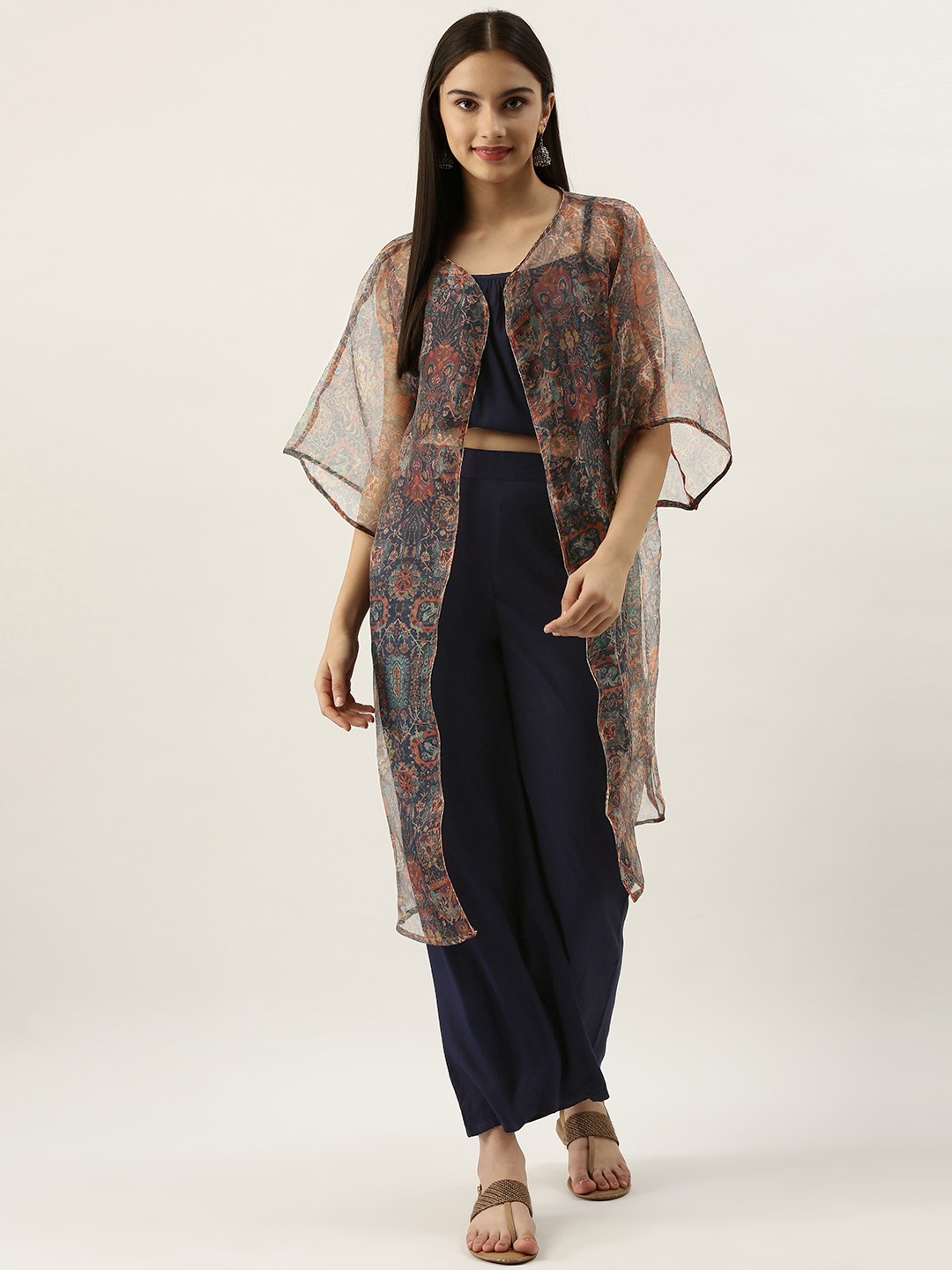 

InWeave Women Navy Blue Solid Co-Ords with Floral Print Organza Shrug
