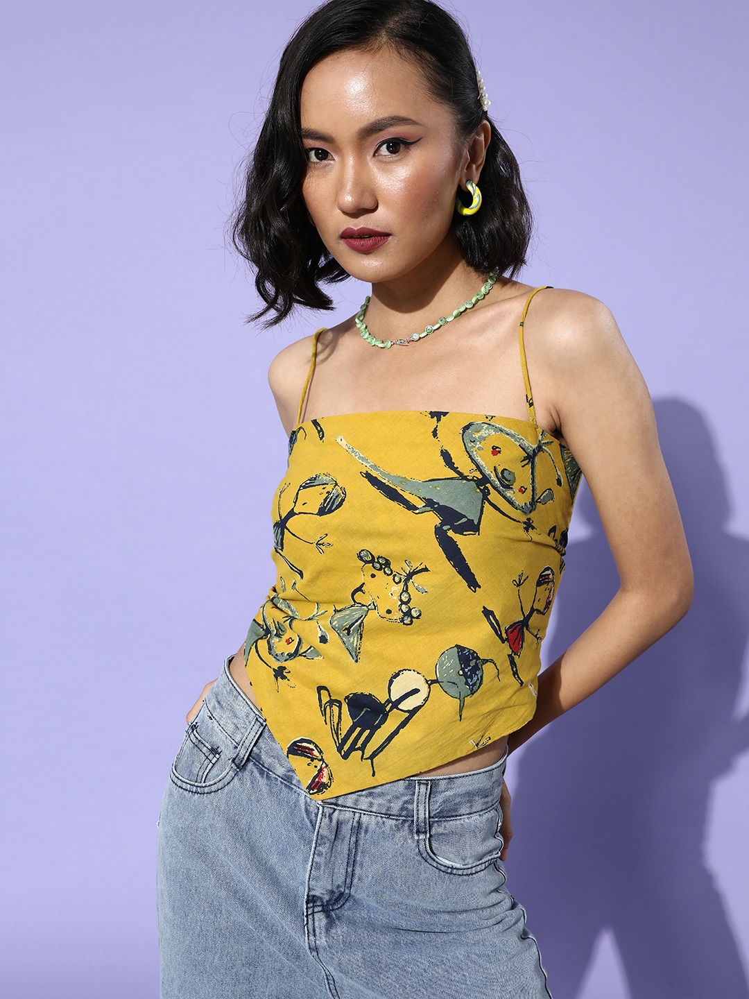 

InWeave Women Stylish Mustard Graphic Scarf Top