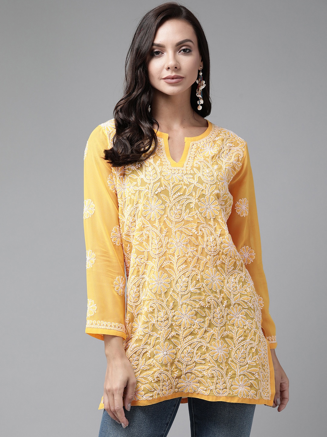 

ADA Yellow & White Ethnic Motifs Embroidered Chikankari Kurti