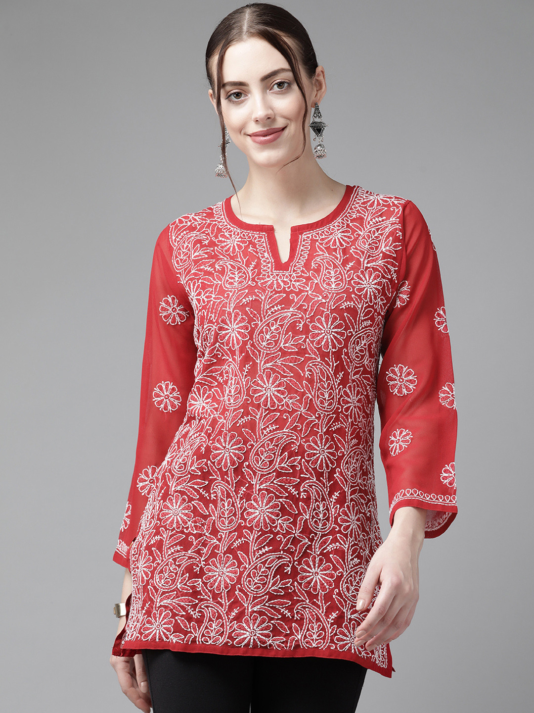 

ADA Red & White Ethnic Motifs Embroidered Chikankari Handloom Kurti