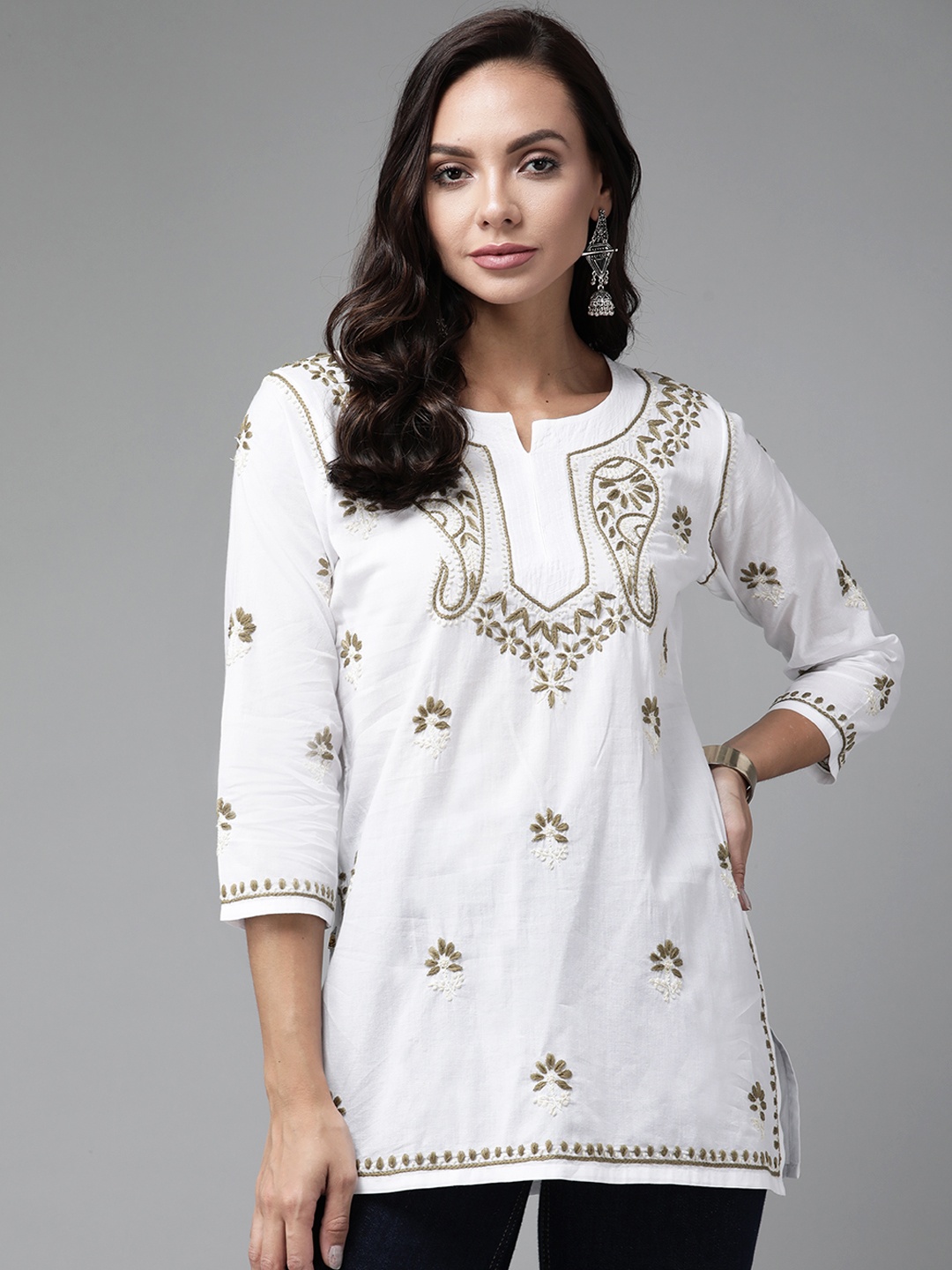 

ADA White & Green Ethnic Motifs Embroidered Chikankari Handloom Kurti