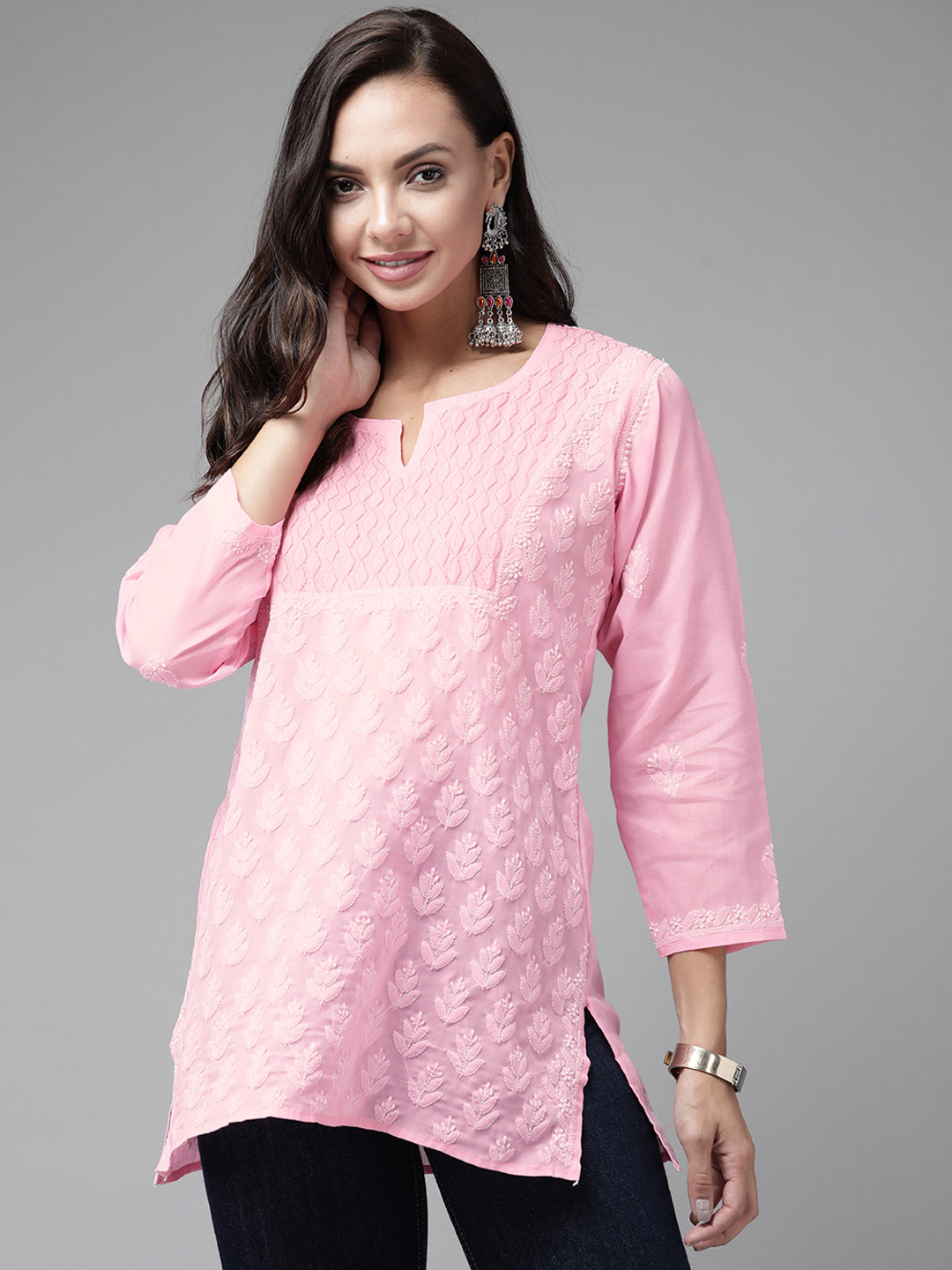 

ADA Pink & White Ethnic Motifs Embroidered Chikankari Kurti