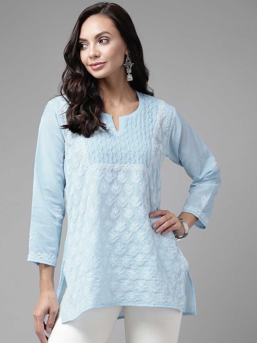 

ADA Blue & White Ethnic Motifs Embroidered Chikankari Handloom Kurti