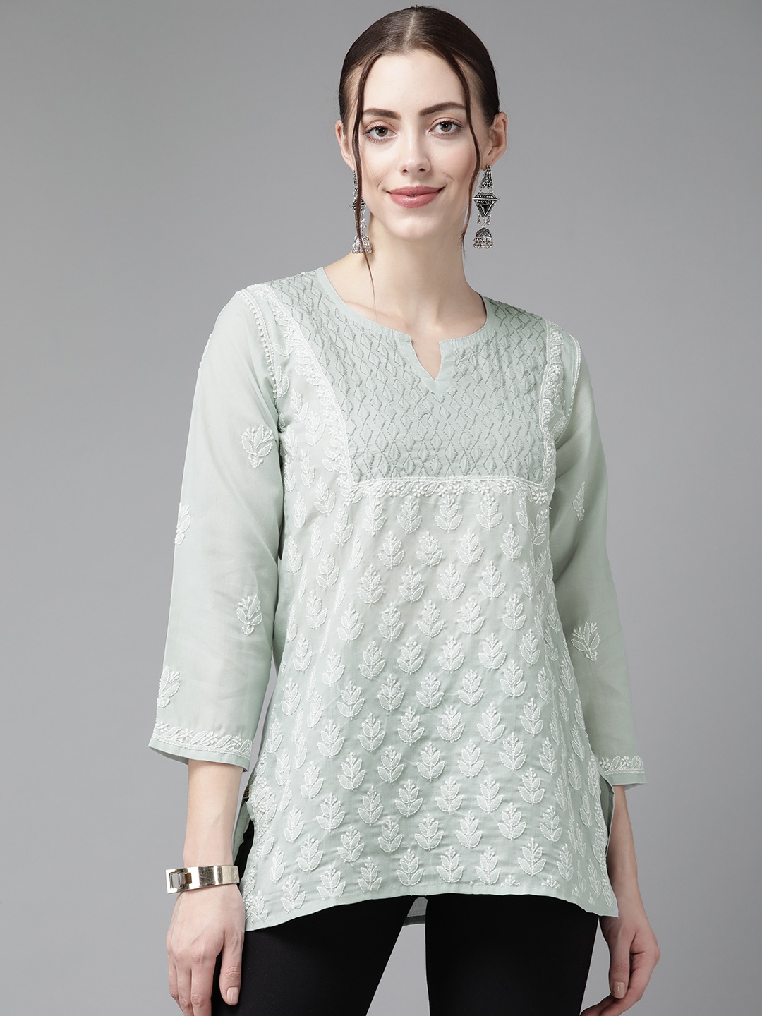 

ADA Grey & White Ethnic Motifs Embroidered Chikankari Kurti