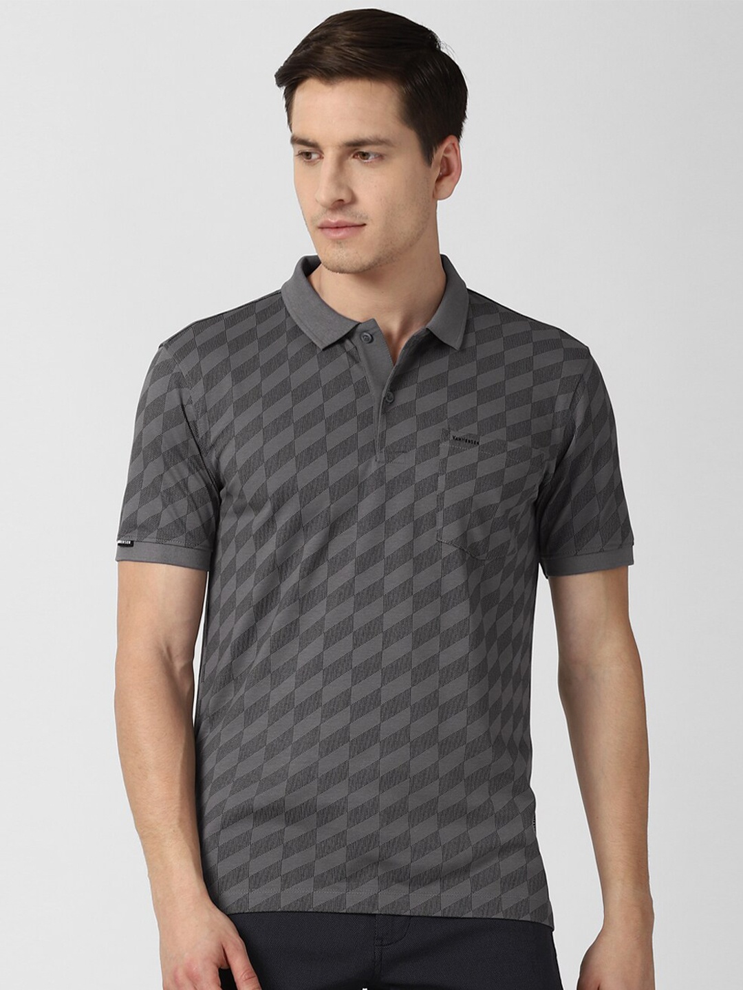 

Van Heusen Men Grey & Black Checked Polo Collar T-shirt