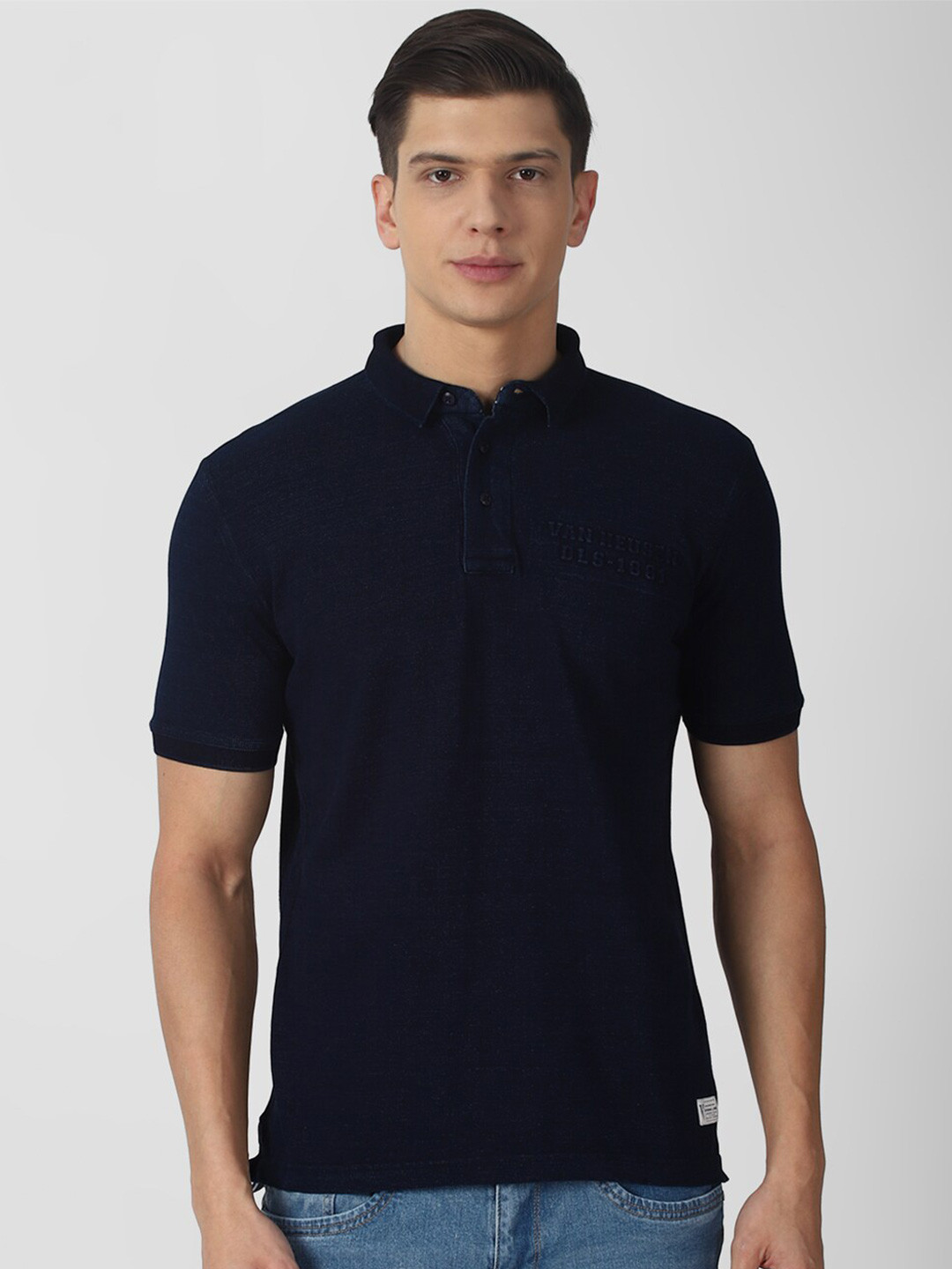 

VAN HEUSEN DENIM LABS Men Navy Blue High Neck Pure Cotton T-shirt