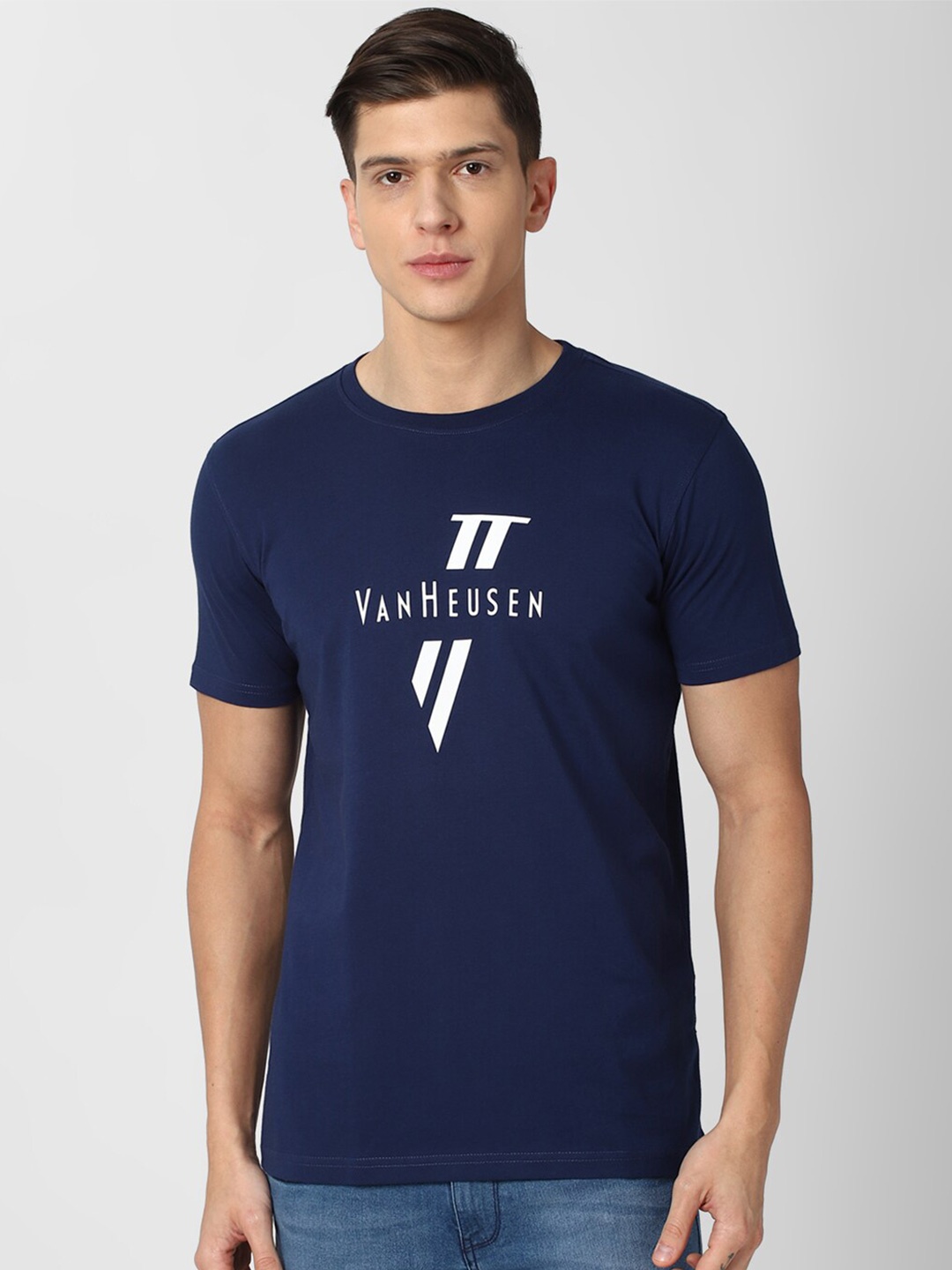 

Van Heusen Sport Men Navy Blue & White Typography Printed Pure Cotton T-shirt