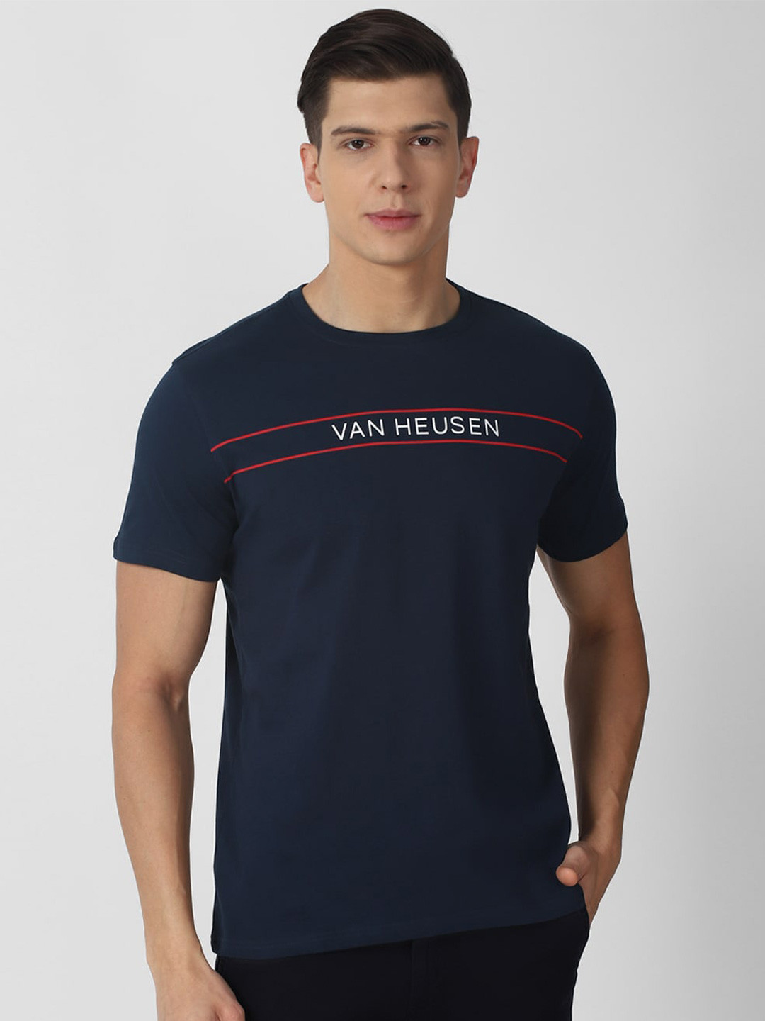 

Van Heusen Sport Men Navy Blue Typography Printed Pure Cotton T-shirt