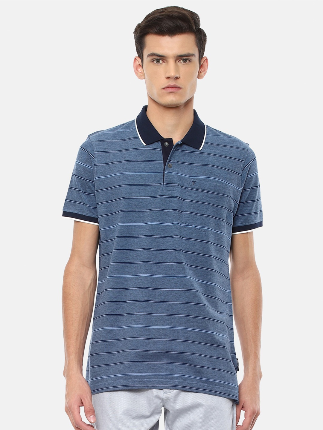 

Van Heusen Sport Men Blue Striped Polo Collar Cotton T-shirt