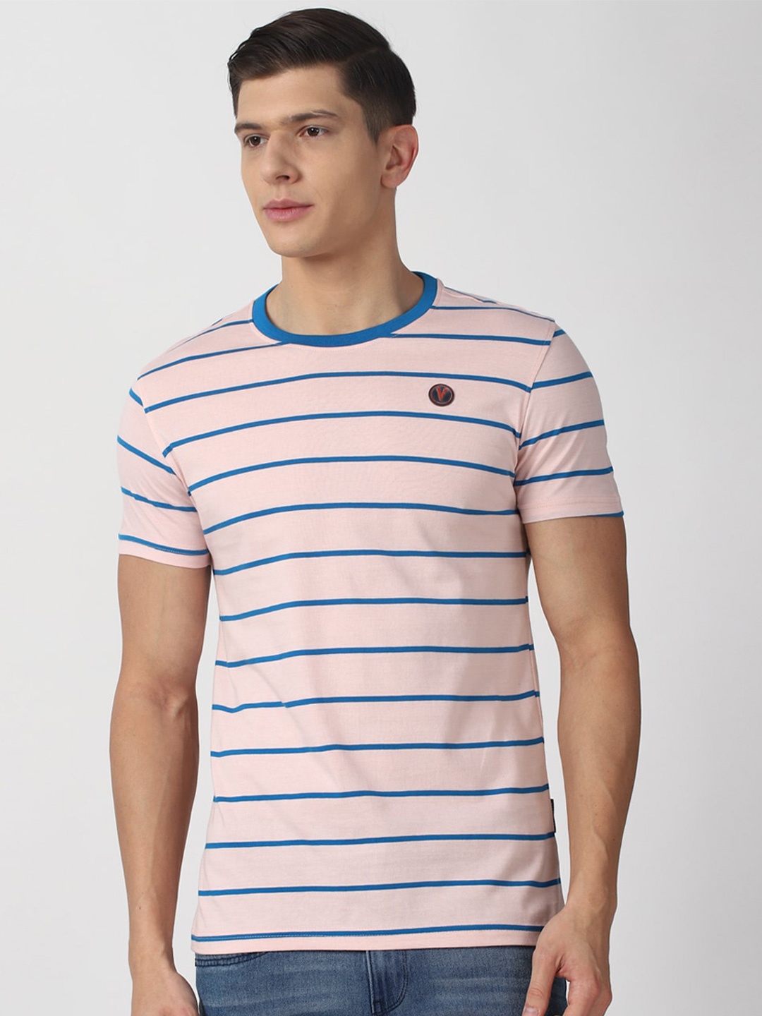 

Van Heusen Sport Men Pink & Blue Striped Cotton T-shirt