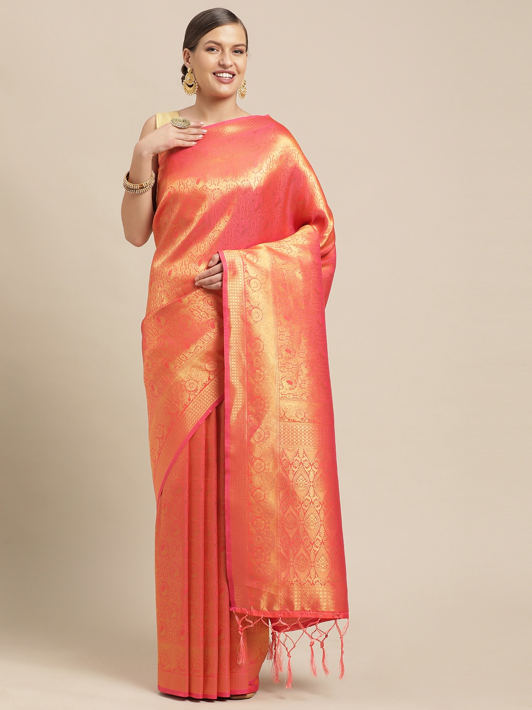 

Mitera Pink & Gold-Toned Woven Design Pure Silk Saree