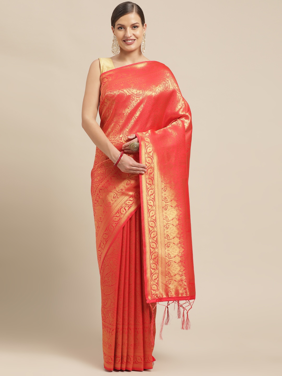 

Mitera Pink & Gold-Toned Woven Design Pure Silk Saree