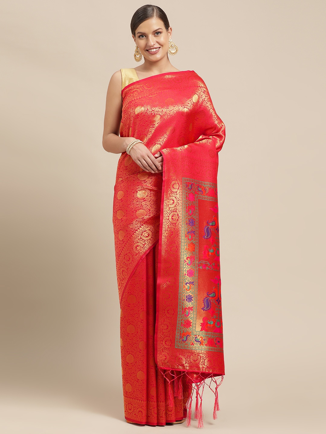 

Mitera Pink & Gold-Toned Woven Design Pure Silk Saree