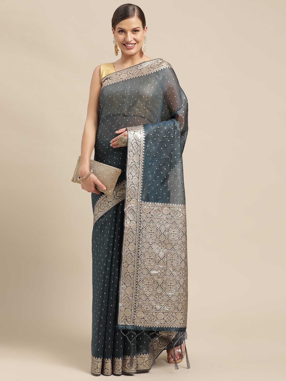 

Mitera Black & Gold-Toned Woven Design Pure Silk Saree