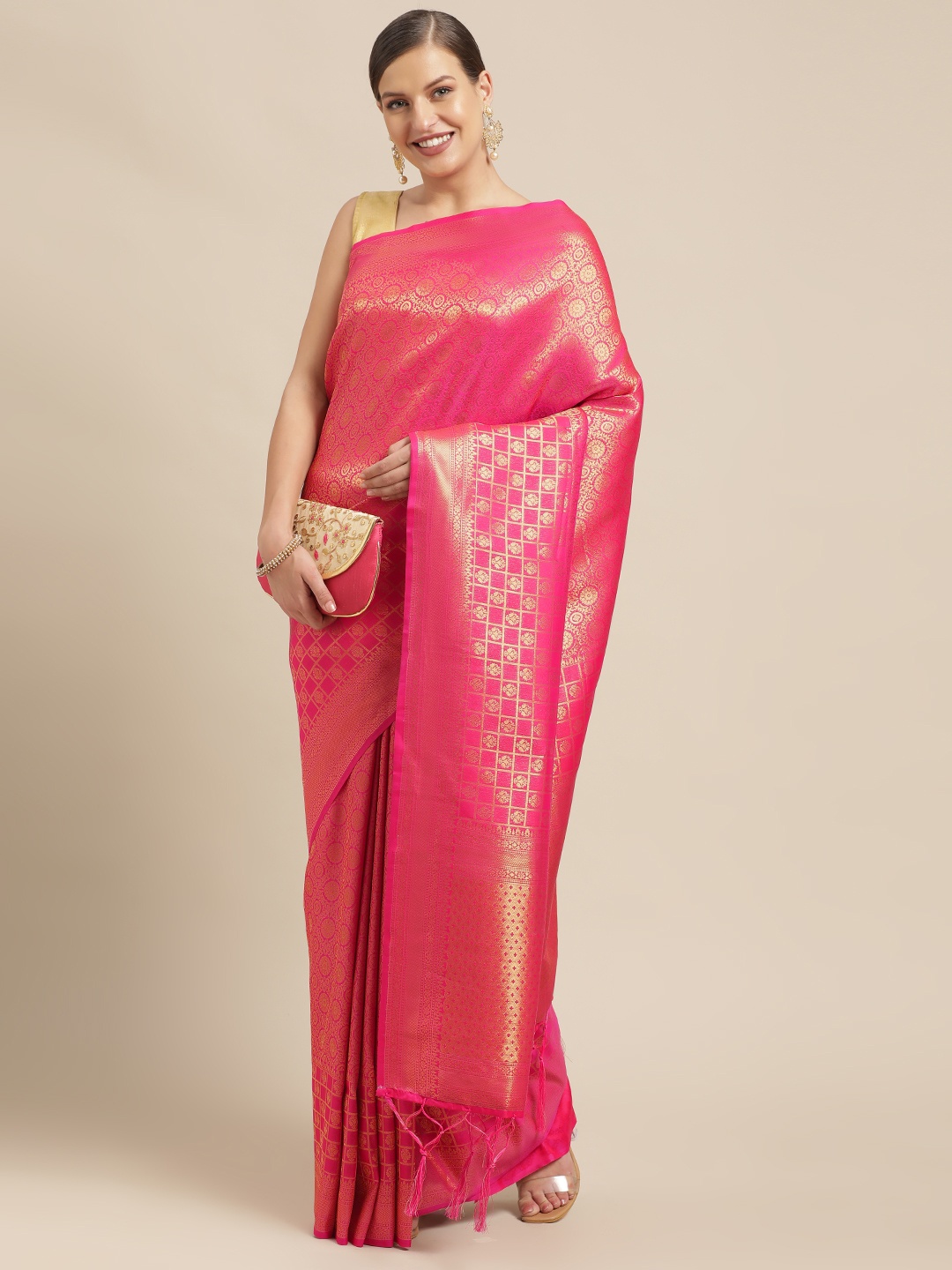 

Mitera Pink & Gold-Toned Woven Design Pure Silk Saree