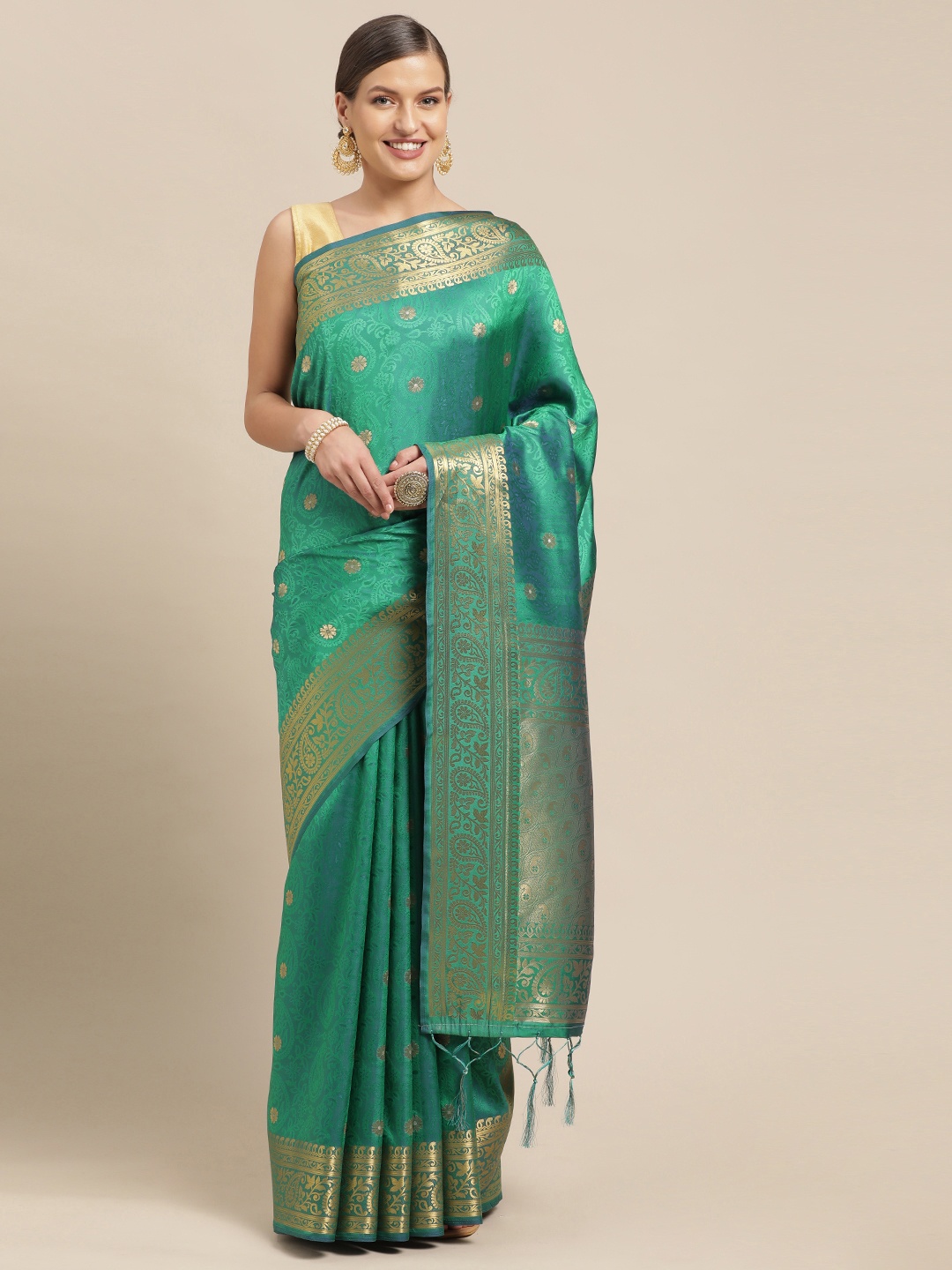 

Mitera Turquoise Blue & Gold-Toned Woven Design Pure Silk Saree
