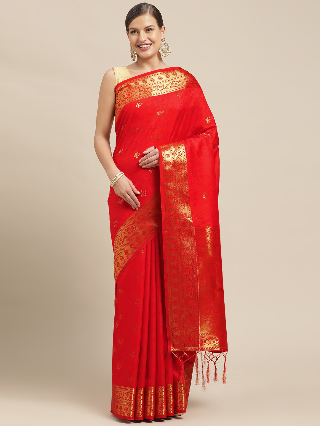 

Mitera Coral Red Woven Design Pure Silk Saree