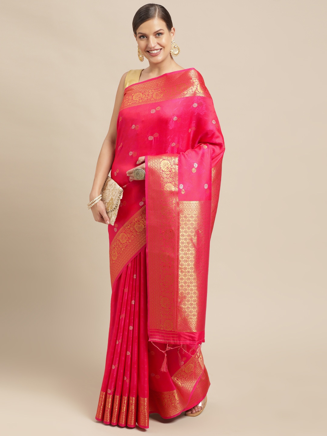 

Mitera Pink & Gold-Toned Woven Design Pure Silk Saree