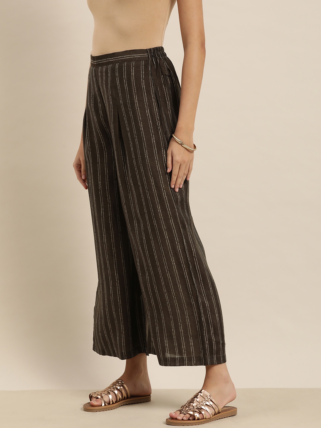 

Sangria Women Brown & Cream-Colored Striped Printed Palazzos